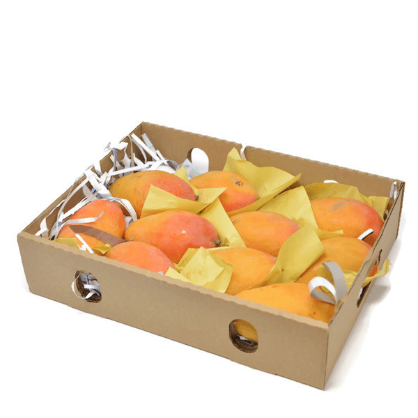 Fresh ripe mangoes from Timour in a 2.5 kg carton, displayed in a colorful fruit box, ideal for healthy snacking.