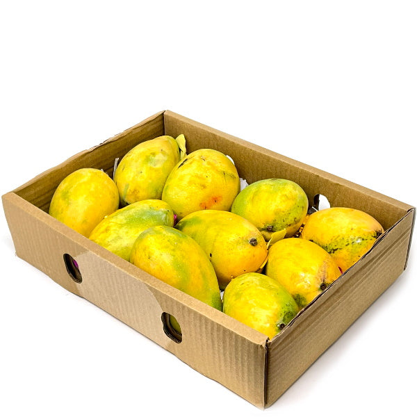 Fresh Badami mangoes in a 3 kg carton from Local Market, showcasing ripe, vibrant yellow mangoes ready to eat.
