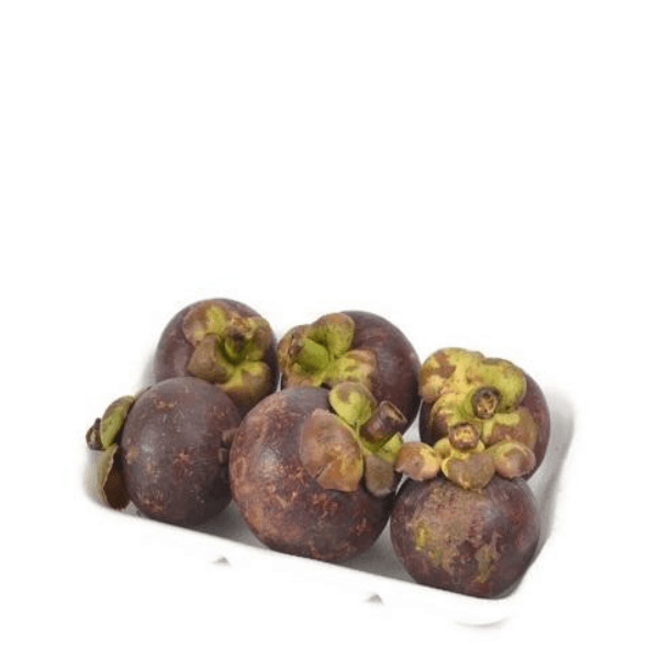 Fresh Thai mangosteen fruit in a 0.5 kg pack, showcasing the ripe, purple exterior and white segmented flesh.