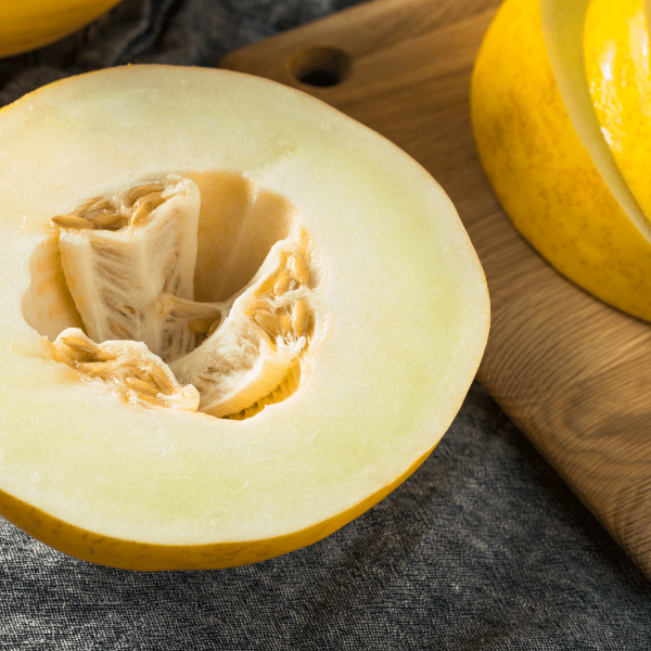 Fresh Holland Canary melon, a single ripe fruit with bright yellow skin and sweet orange flesh, on a white background.