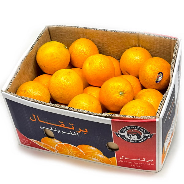 Fresh Valencia oranges from Sharbatly in a 6.5 kg carton, perfect for juicing, with bright orange skin and ripe appearance.
