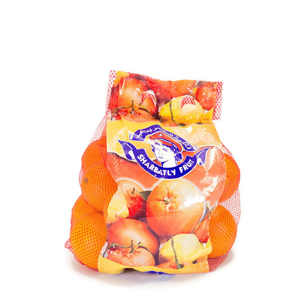 Fresh Valencia oranges from Sharbatly in a 2 kg bag, ideal for juicing, with bright orange skin and ripe, plump fruit.