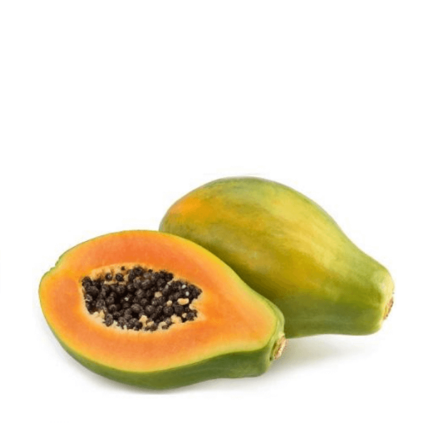 Fresh whole Holland papaya fruit, single piece with vibrant orange flesh and green skin on a white background.