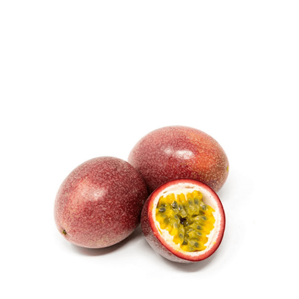 Holland passion fruit in a 0.5 kg pack, showing vibrant yellow exterior and ripe interior with seeds, fresh and ready to eat.