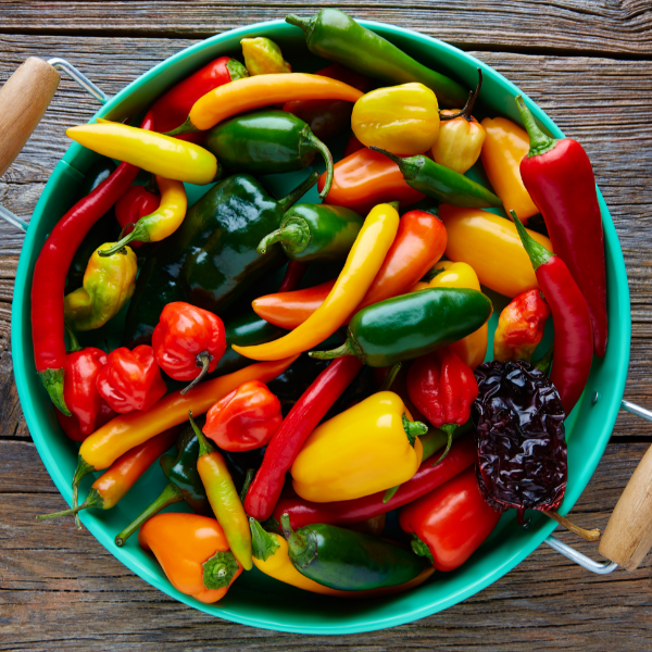 Mixed chili peppers from Holland, showcasing vibrant, fiery hot peppers in a 0.075 kg vegetable bundle.