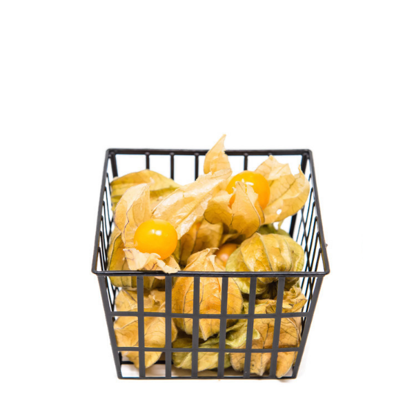 Fresh Physalis cape gooseberries in a 0.1 kg pack, showcasing bright orange berries and green husks, from Holland.