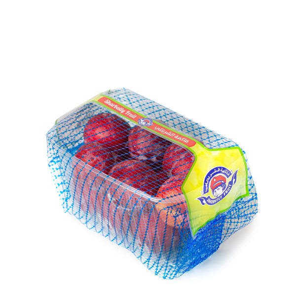 Red plums from Sharbatly in a 1 kg pack, showcasing fresh, ripe fruit with smooth skin and deep red color.