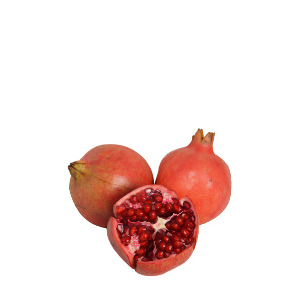 Fresh pomegranates from Sharbatly, 2 kg carton, showing vibrant red fruit with textured skin and leafy stems.