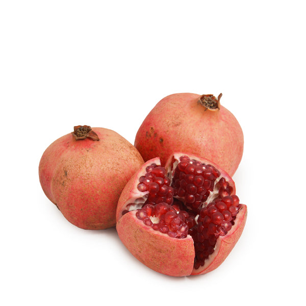 Fresh Sharbatly pomegranates, 1 kg pack, showcasing vibrant red fruit with smooth skin and plump arils on a white background.