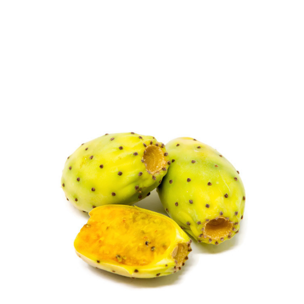 Fresh prickly pears from Local Market, 1 kg pack, showing vibrant green and pink cactus pears with spiky skin and smooth flesh inside.