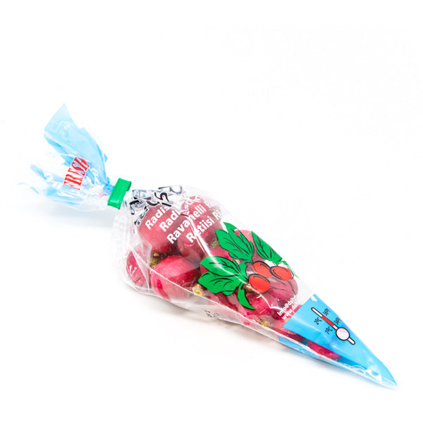 Fresh red radishes from Holland in a 0.125 kg pack, showcasing vibrant, crunchy vegetables on a white background.