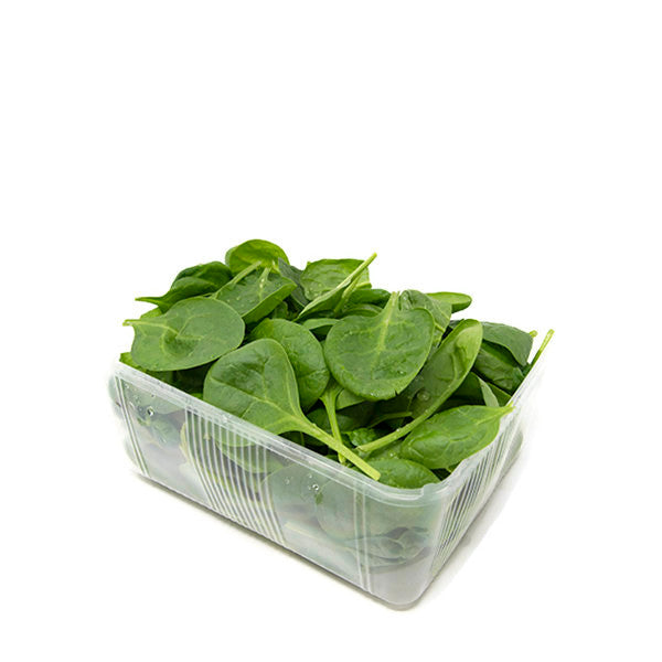 Fresh baby spinach in a Holland 0.125 kg vegetable pack, with vibrant green leaves ready for cooking or salads.