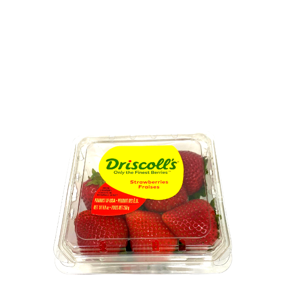 Fresh red strawberries from Driscoll's in a 0.25 kg pack, displayed in a clear container with green leaves.