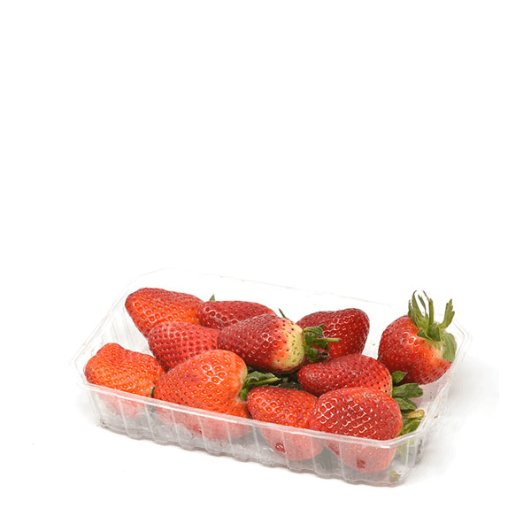 Fresh red strawberries in a 0.25 kg pack from Sharbatly, ripe and ready to eat, with green leaves and vibrant color.