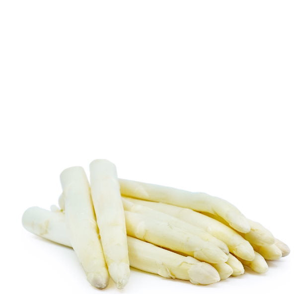 Fresh white asparagus bunch from Holland, 0.5 kg, showcasing tender stalks with green tips and vibrant color.