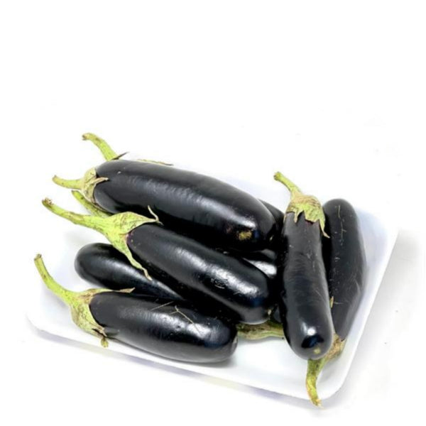 Fresh baby long eggplants, 0.5 kg, from Local Market, showcasing shiny purple vegetables ideal for cooking or salads.