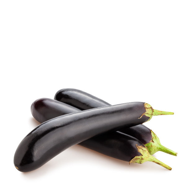 Fresh baby long eggplant from Local Market, 0.5 kg, showcasing glossy purple skin and slender shape on a white background.