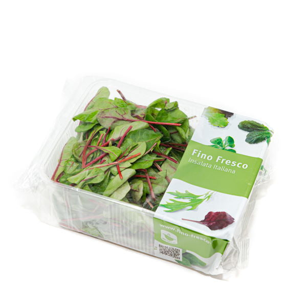 Fresh baby red chard lettuce from Holland, packed in a 0.125 kg vegetable pack, with vibrant red stems and green leaves.