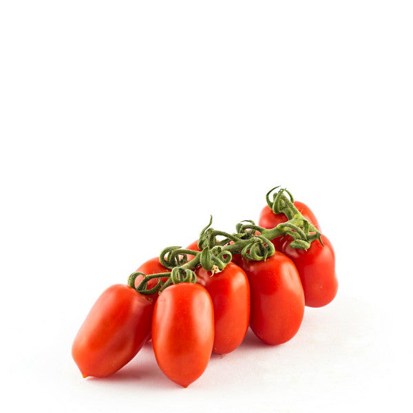 Fresh baby San Marzano Roma tomatoes on the vine from Holland, 0.4 kg pack, showcasing ripe red tomatoes on green vine.