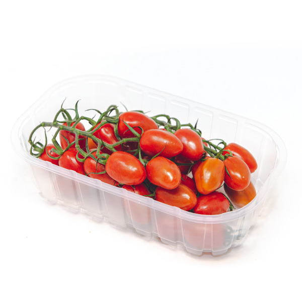 Fresh baby San Marzano Roma tomatoes on the vine in a 0.4 kg pack, displayed in a Holland vegetable produce image.