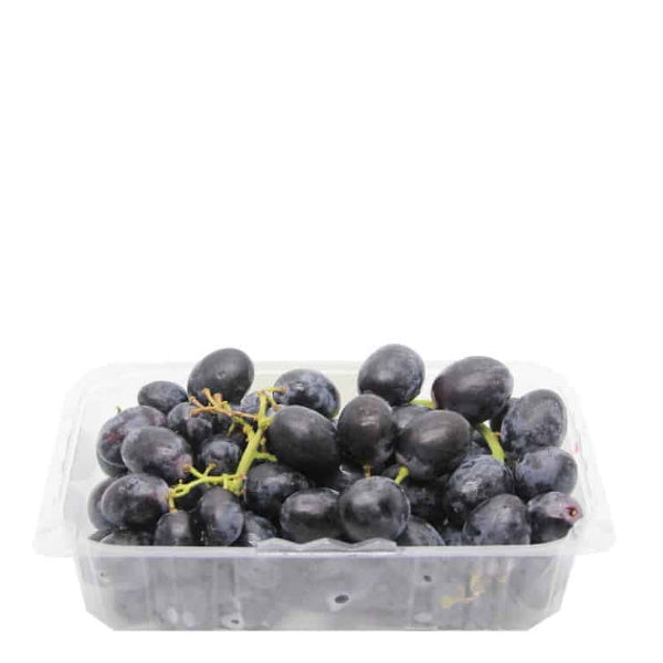 Black seedless grapes in a 0.5 kg pack, fresh and ripe, from Sharbatly, shown in a clear image.