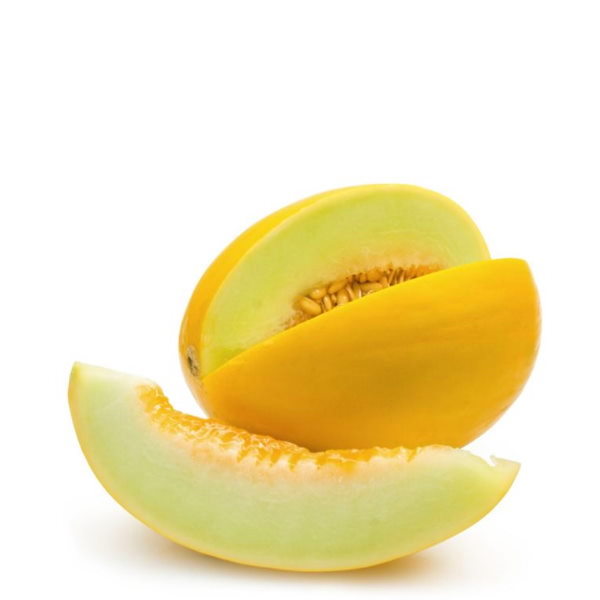 Holland Canary Melon fruit on a white background, single piece with vibrant yellow-green skin and smooth texture.