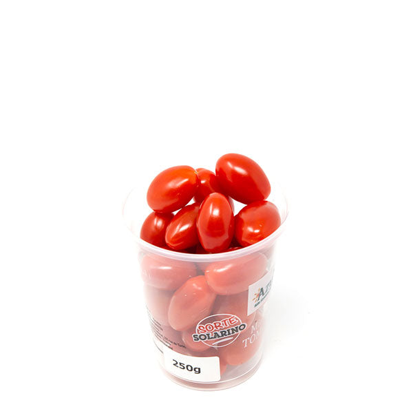 Fresh cherry plum tomatoes in a 0.25 kg pack from Sharbatly, showing vibrant red, round vegetables on a white background.