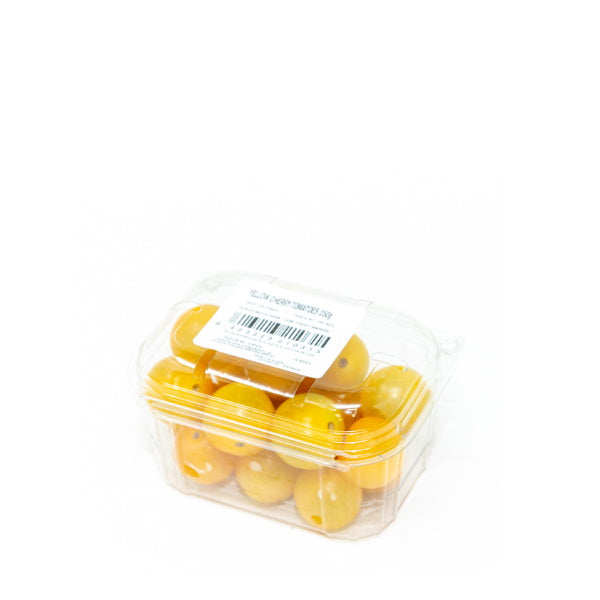 Bright yellow cherry tomatoes from Sharbatly in a 0.25 kg pack, fresh vegetable with vibrant color and round shape.