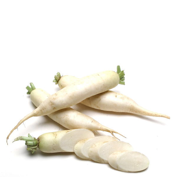 Fresh daikon radishes from Local Market, 1 kg pack, showcasing crisp, white vegetable with green tops on a clean surface.