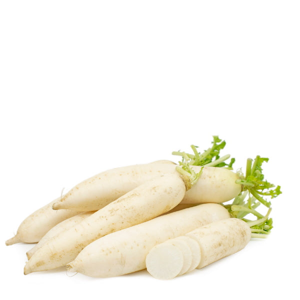 Fresh daikon radishes in a 1 kg pack from Local Market, showing their white, elongated vegetable shape and leafy green tops.