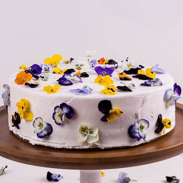 Mixed edible flowers including cornflower blossoms and viola from Holland, two packs containing 100 flowers for culinary use.
