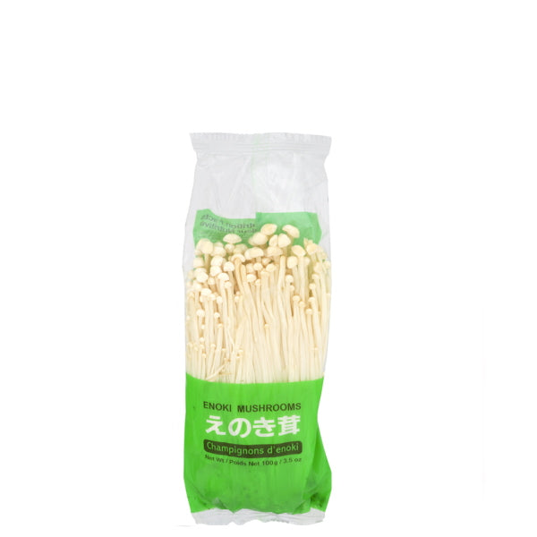 Fresh Holland Enoki mushrooms, thin white vegetable stems with small caps, packed in a 0.1 kg plastic bag.
