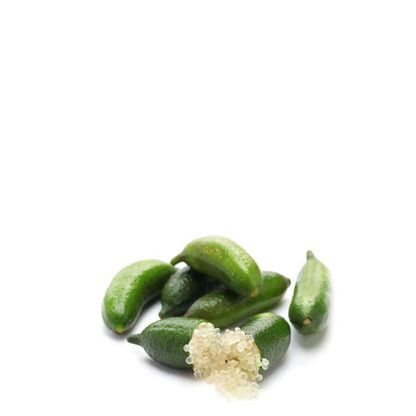 Fresh green finger limes, vegetable caviar from Holland, shown in a 0.120 kg pack with vibrant, textured fruit.