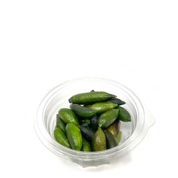 Fresh green finger limes, also known as fruit caviar, in a 0.120 kg pack, vegetable by Holland, with vibrant textured exterior.