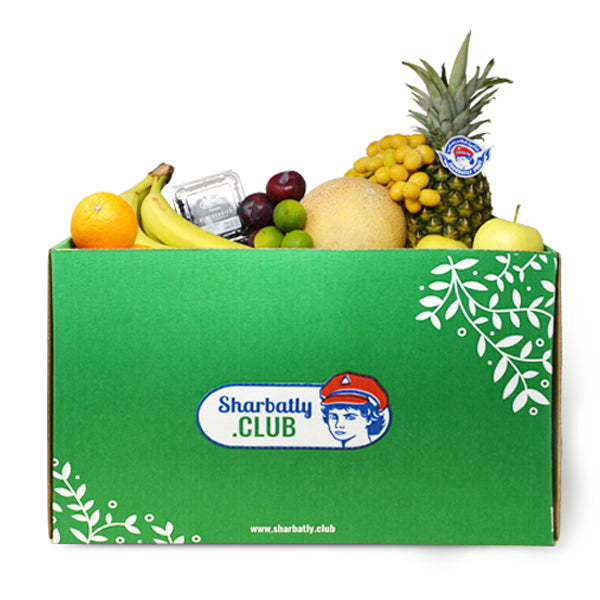 Mixed fruit bundle carton featuring a colorful variety of fresh assorted fruits in a fruit box.