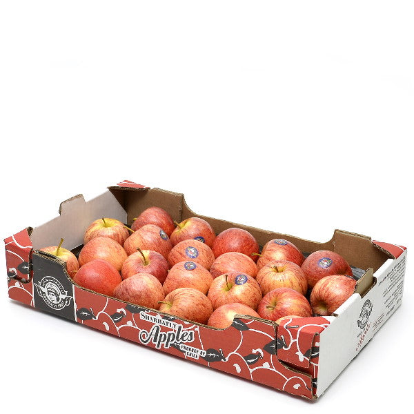 Fresh Royal Gala apples in a 4 kg carton from Sharbatly, showcasing bright red apples with smooth skin and vibrant color.