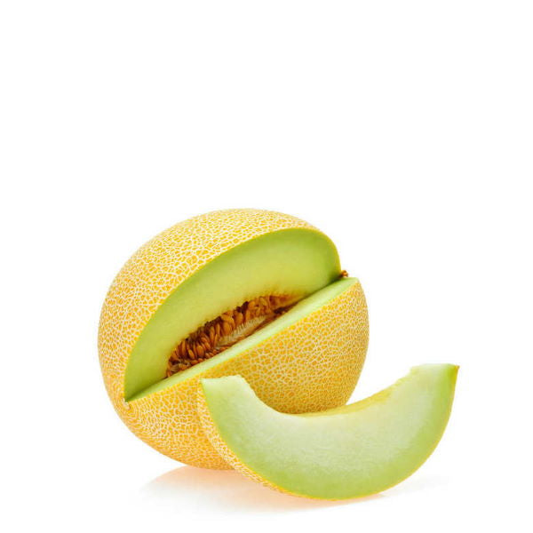 Fresh Holland Galia melon, single piece, showcasing its round shape and smooth yellow skin with green stripes.