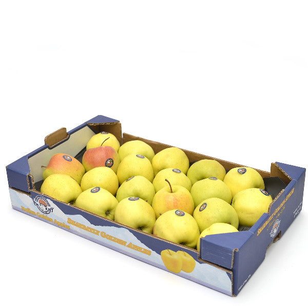 Golden Delicious apples from Sharbatly in a 4 kg carton, fresh and ripe fruit ready to enjoy.