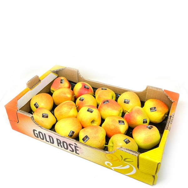 Golden Rose Apples in a 4 kg carton, fresh flower-inspired fruit from Sharbatly, vibrant and ready for purchase.