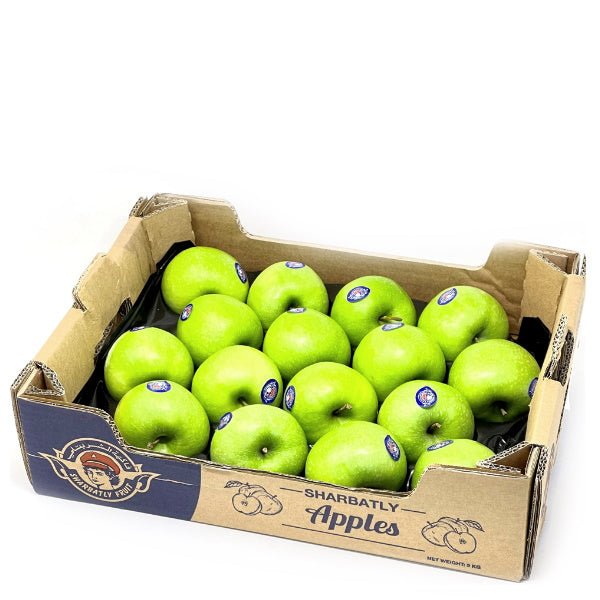 Fresh Granny Smith apples in a 3 kg carton by Sharbatly, showcasing bright green, crisp apples ready for healthy snacking.