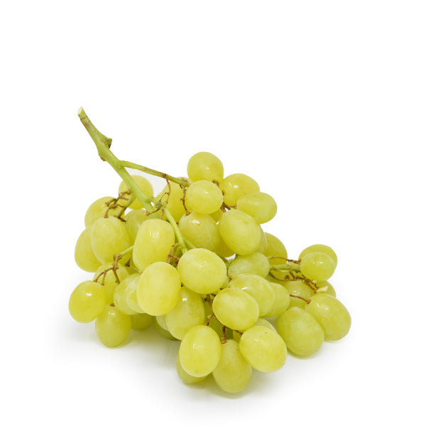 Bunch of white seedless cotton candy grapes from Sharbatly, fresh and plump, displayed in a carton.