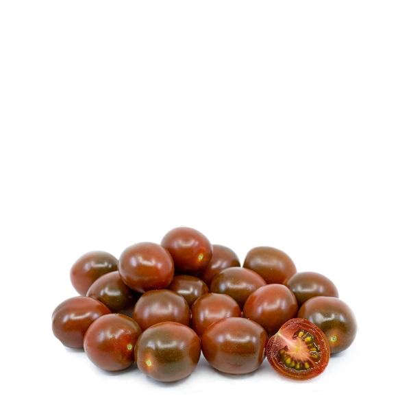 Fresh black cherry tomatoes from Holland in a 0.25 kg pack, showing vibrant small round vegetables on the vine.