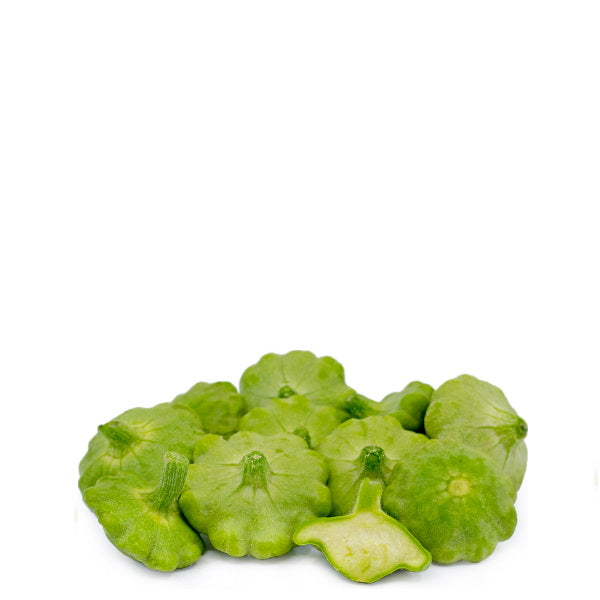 Fresh green patty pan squash from Holland, 0.2 kg pack, showcasing vibrant, round vegetable with scalloped edges.