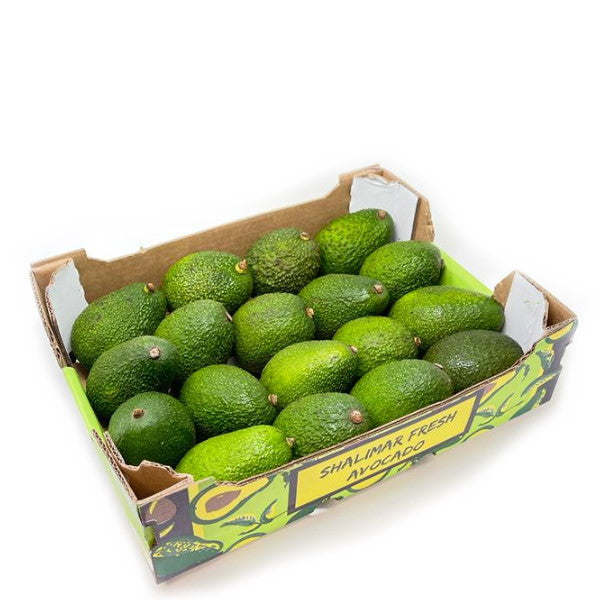 Sharbatly Hass avocados in a 3.8 kg carton, fresh and ripe, showing green Hass fruit with smooth skin.