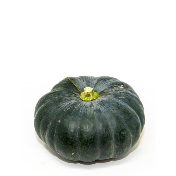 Single piece of fresh pumpkin kabocha vegetable from Local Market with vibrant orange skin and green stem.