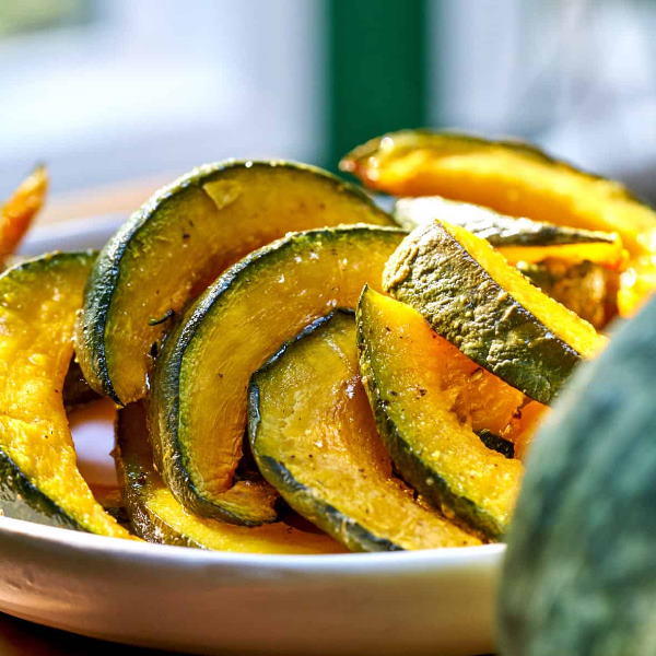 Fresh single piece of pumpkin kabocha vegetable from Local Market, showcasing its vibrant green skin and bright orange flesh.