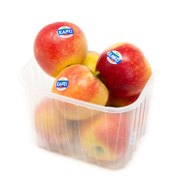 Fresh Kanzi apples from Sharbatly in a 1 kg pack, showcasing vibrant red and green fruit with smooth skin.