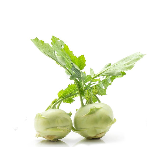 Fresh green kohlrabi vegetables, two pieces, from Local Market, with smooth round bulbs and leafy stems.