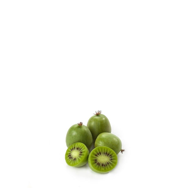 Holland baby green kiwi berries in a 0.125 kg pack, fresh and small round fruit with smooth green skin and tiny size.