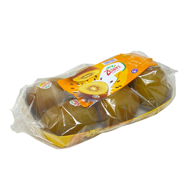 Golden Zespri Sungold kiwifruits, 6 pieces, fresh and ripe, displayed in a natural setting with vibrant yellow skin.